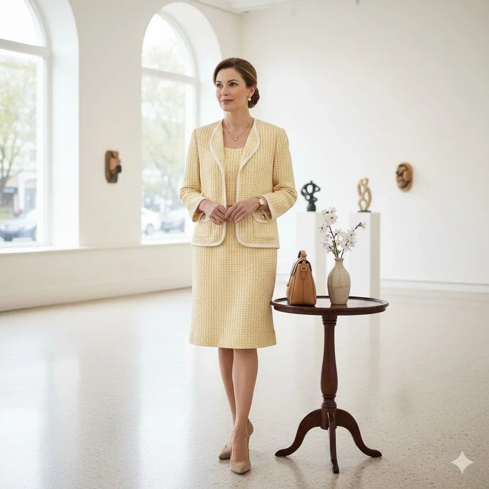 Vintage Castleberry Womens Yellow Woven Tweed Jacket Skirt Set Size 12 Old Money - Picture 11 of 11